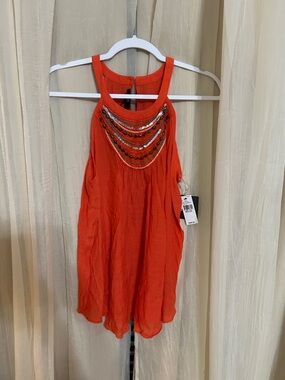 NWT Iz Byer Orange Beaded Halter Top with Turquoise Stitching